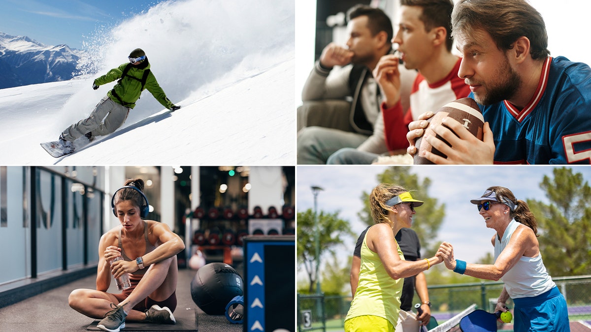 Four separate photos of people participating in sports. One snowboarding, another at the gym, men watching football and women playing pickleball