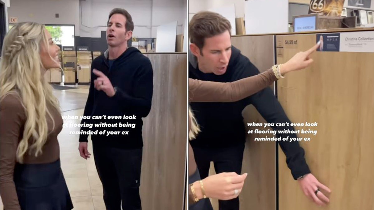 Heather El Moussa and Tarek El Moussa look at flooring