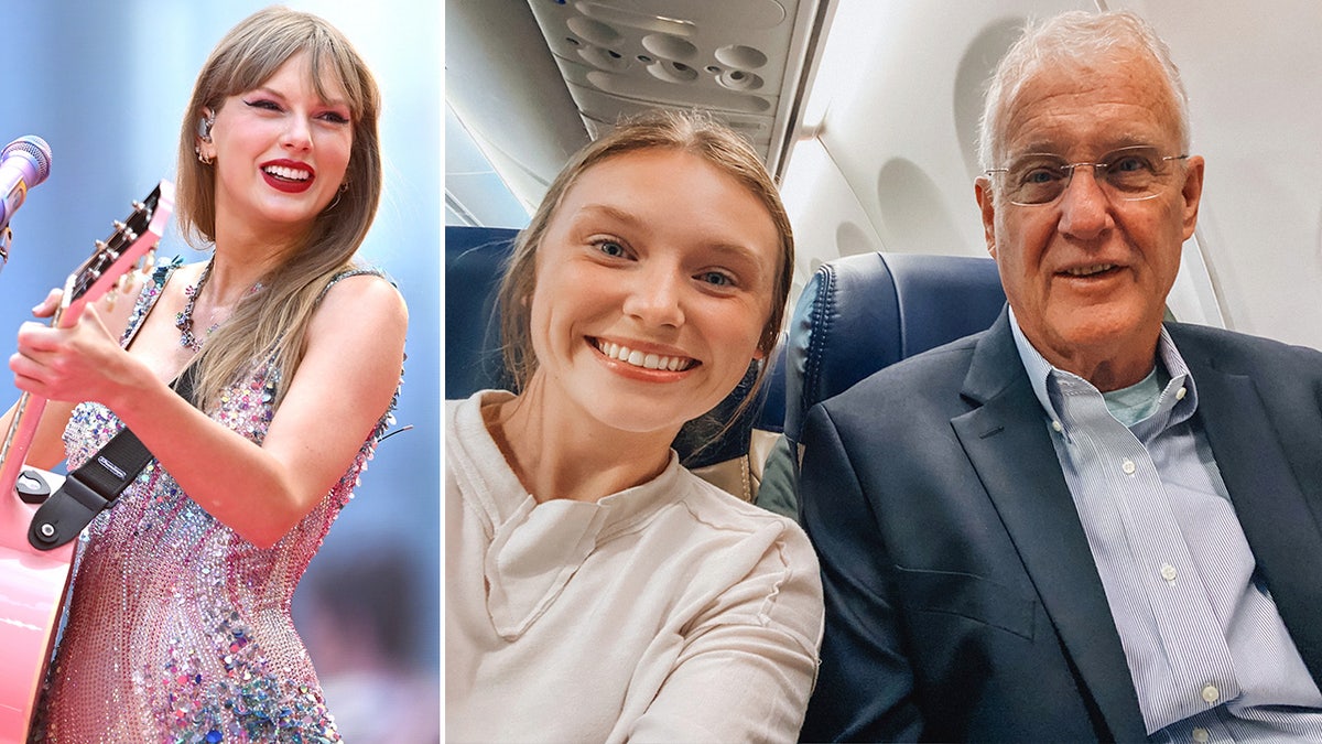 Side by side photos of Taylor Swift with photo from Taylor Moore sitting with Scott Swift