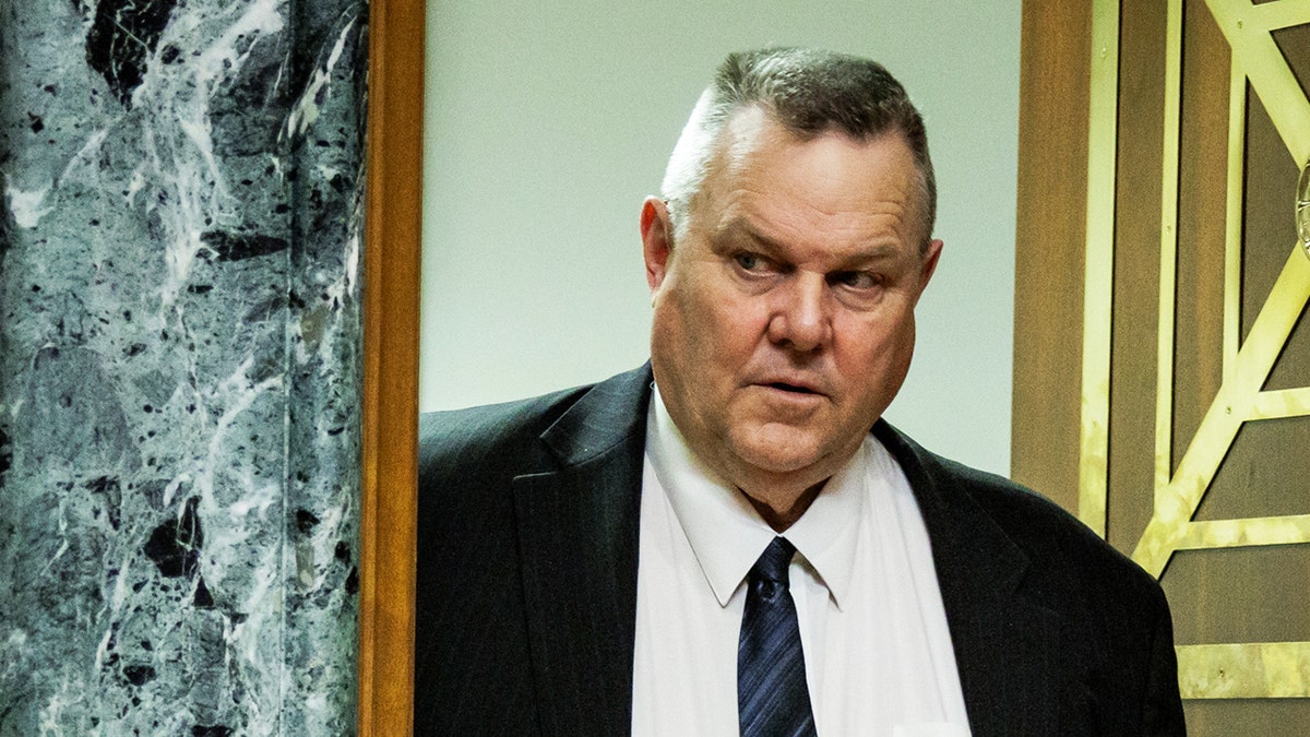 Sen. Jon Tester (D-MT) arrives for a Senate Appropriations Subcommittee on Homeland Security hearing with Secretary of Homeland Security Alejandro Mayorkas on 