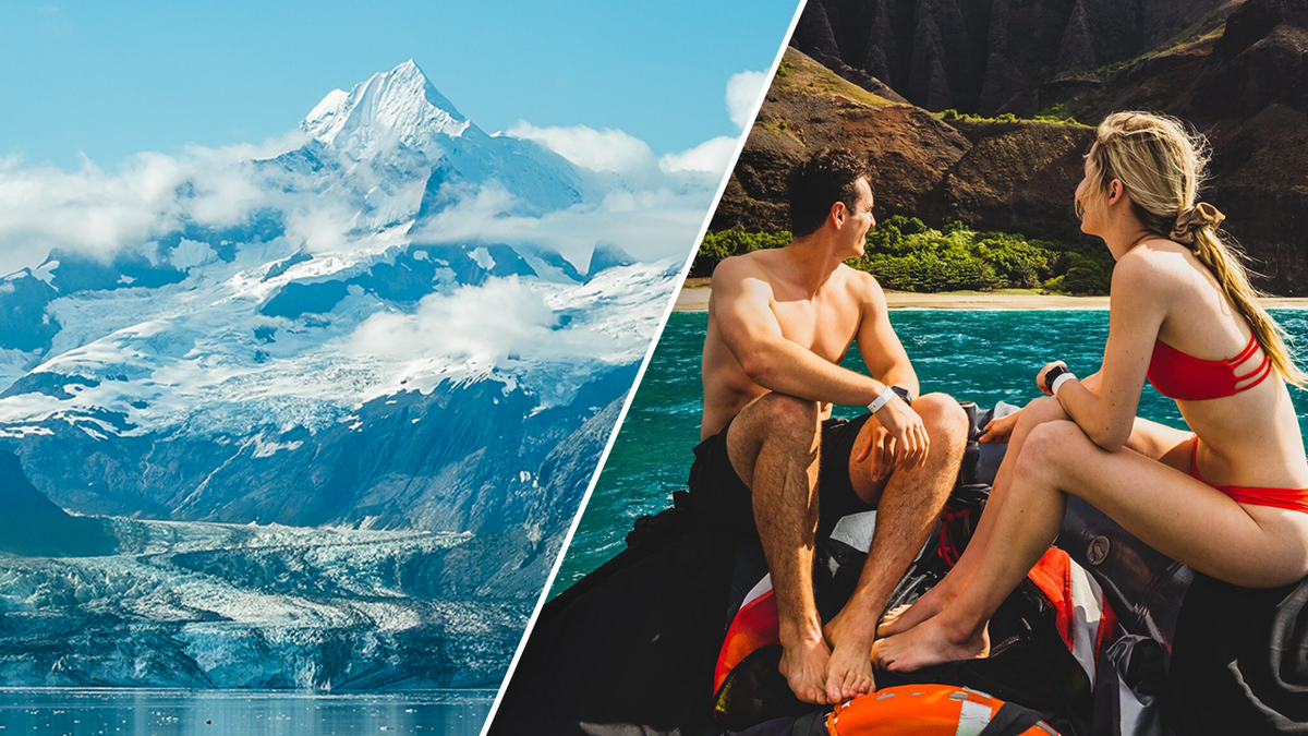 Glacier and people on a boat by the beach