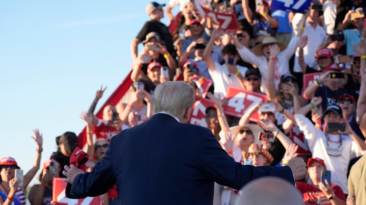 Republican presidential nominee former President Donald Trump arrives to speak at a campaign rally at the Calhoun Ranch, Saturday, Oct. 12, 2024, in Coachella, Calif.