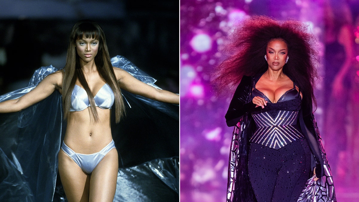 Tyra Banks walking the runway in the 90s, Banks at 2024 Victoria Secret Fashion show