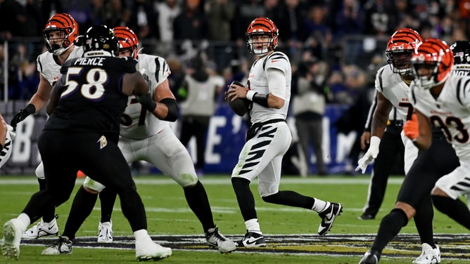 Cincinnati Bengals QB Joe Burrow drops back to pass against the Baltimore Ravens at M&T Bank Stadium. (Tommy Gilligan-Imagn Images)