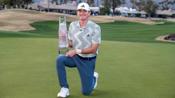 My best bet to win the 2024 Sanderson Farms Championship at the Country Club of Jackson, Nick Dunlap, holds the trophy after winning the 2024 American Express. (Photo credit: Taya Gray-USA TODAY NETWORK)