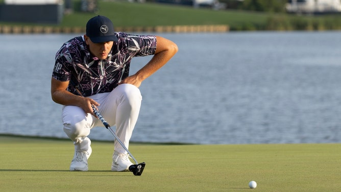 Matti Schmid lines up a putt during the third round of THE PLAYERS Championship 2024 at TPC Sawgrass in Ponte Vedra Beach, Florida. (David Yeazell-Imagn Images)