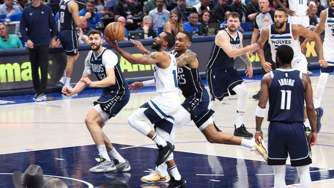 Minnesota Timberwolves PG Mike Conley takes a layup on the Dallas Mavericks in the 2024 NBA Western Conference Finals at the American Airlines in Texas. (Kevin Jairaj-Imagn Images)