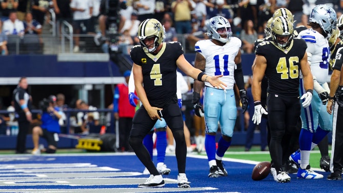 New Orleans Saints QB Derek Carr celebrates a touchdown against the Dallas Cowboys at AT&T Stadium. (Kevin Jairaj-Imagn Images)