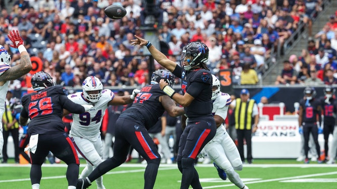 Houston Texans QB C.J. Stroud throws the ball against the Buffalo Bills at NRG Stadium. (Troy Taormina-Imagn Images)