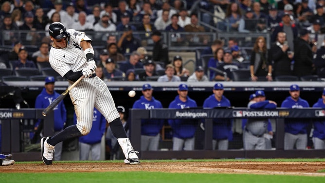 New York Yankees slugger Aaron Judge swings at pitch vs. Kansas City Royals in Game t2 of the 2024 ALDS at Yankee Stadium. (Vincent Carchietta-Imagn Images)