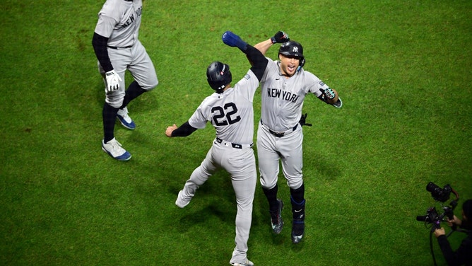 New York Yankees DH Giancarlo Stanton celebrates a three run home run against the Cleveland Guardians in Game 4 of the ALCS for the 2024 MLB playoffs at Progressive Field. (David Dermer-Imagn Images)