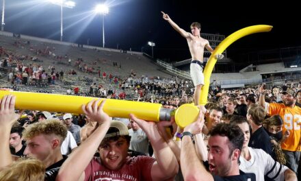 Vanderbilt fans take goalpost throughout Nashville, throw it in Cumberland River after upsetting No. 1 Alabama