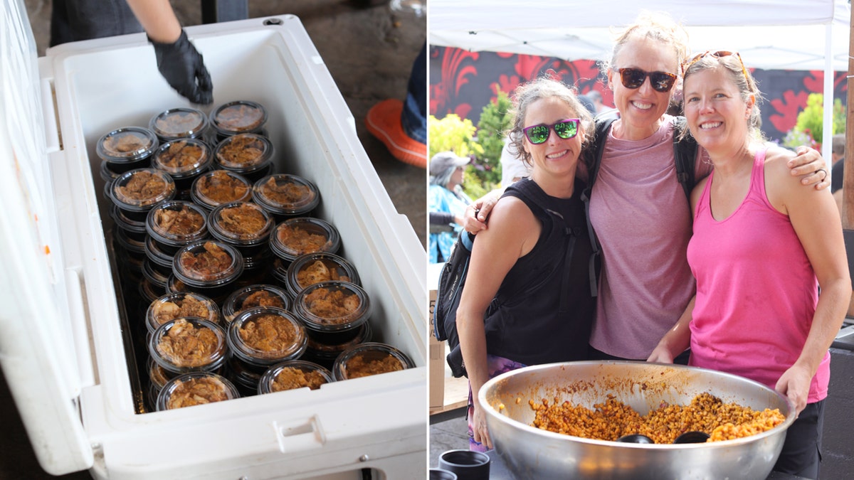 Split image of meals packed in a cooler and volunteers at World Central Kitchen. 