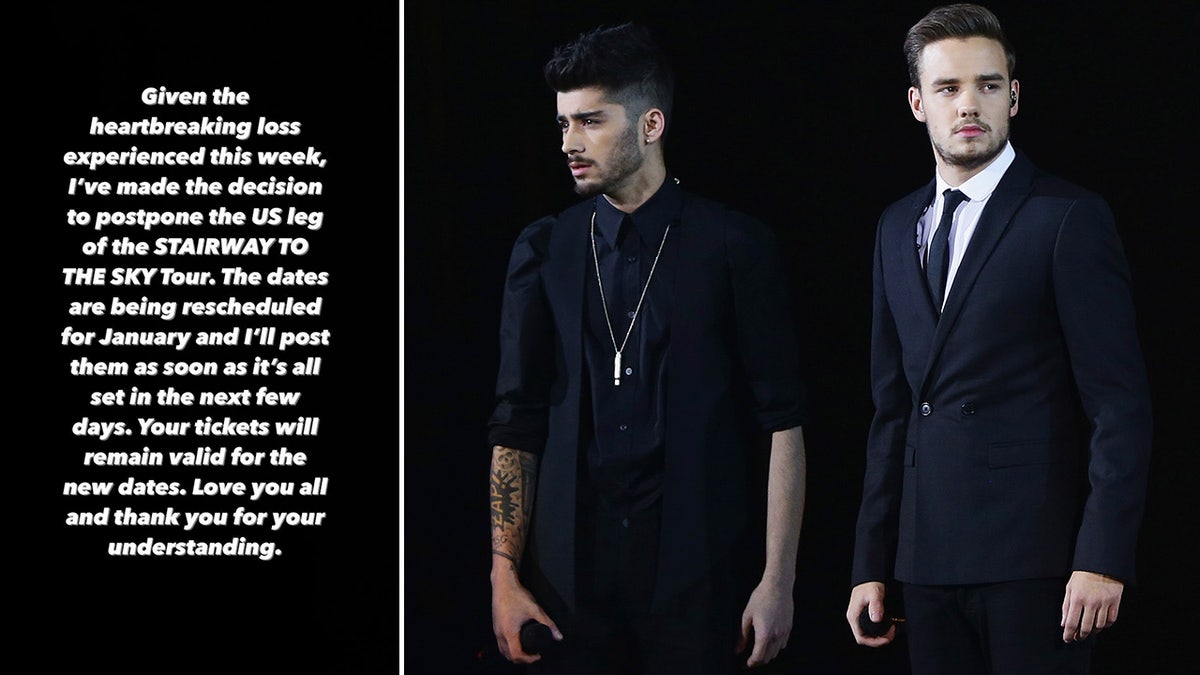 Zayn Malik statement on tour dates being canceled side by side photo of Zayn Malik and Liam Payne