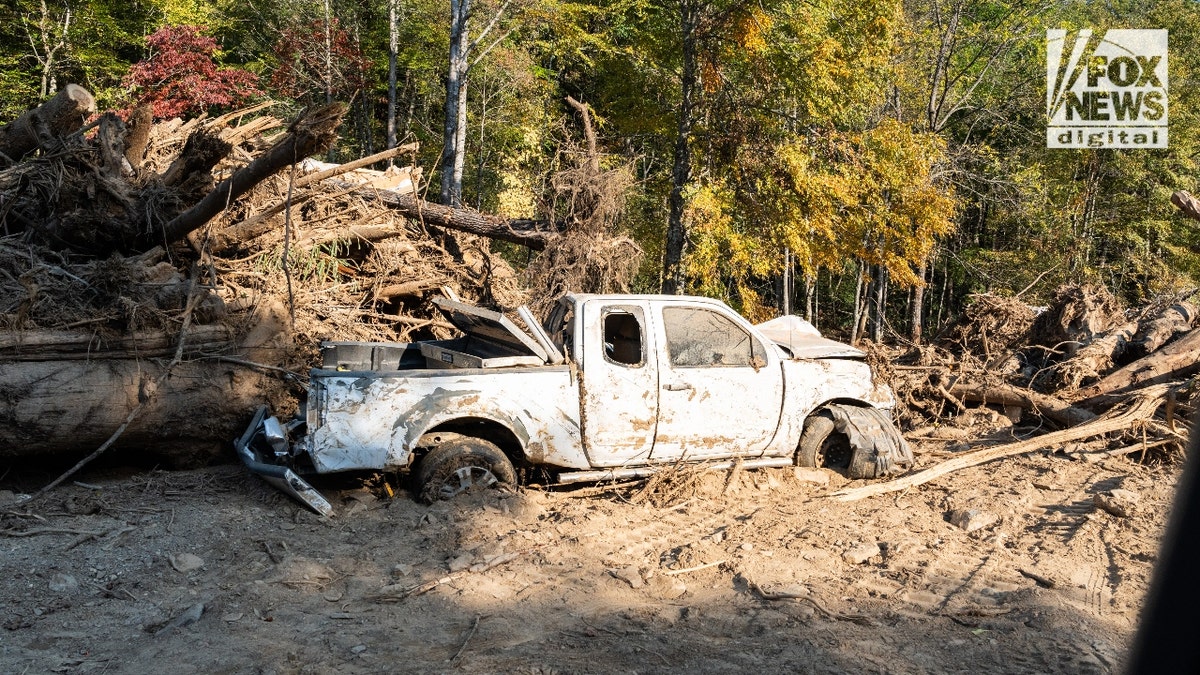 A destroyed truck in the 