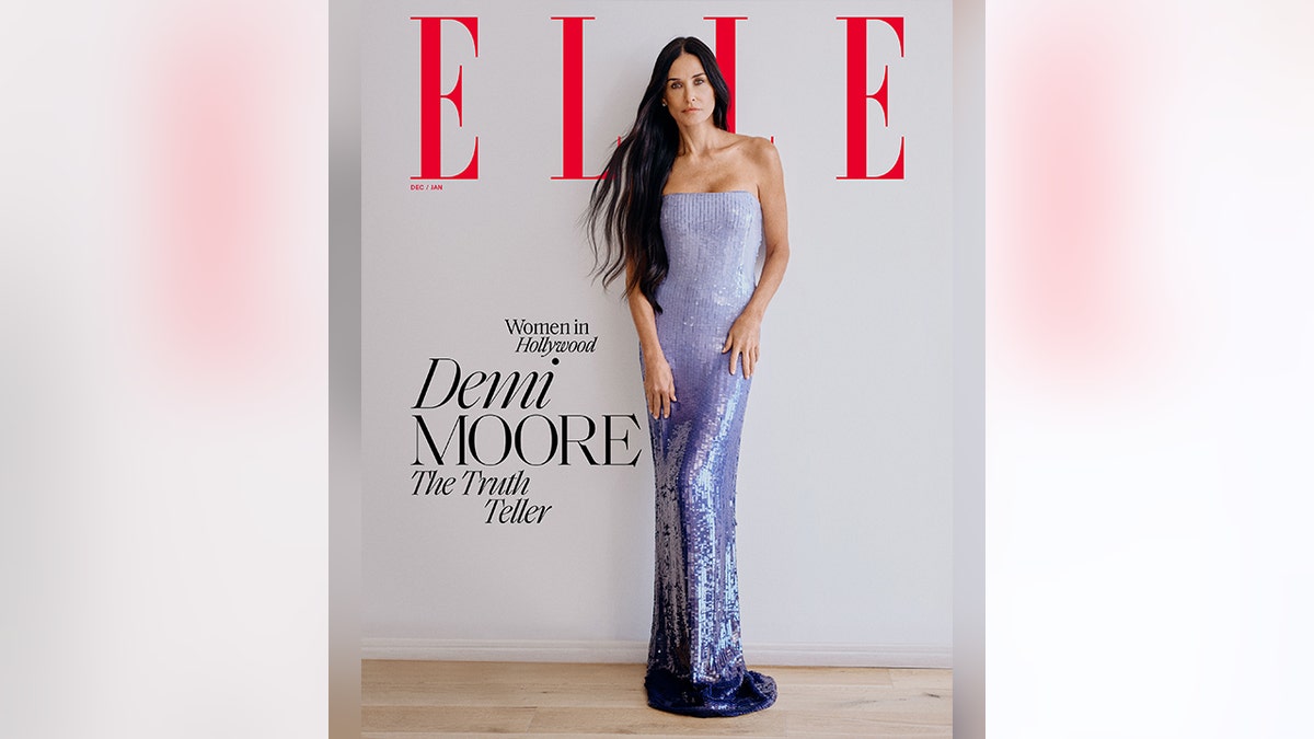 Demi Moore on the cover of Elle magazine in a purple ombré dress