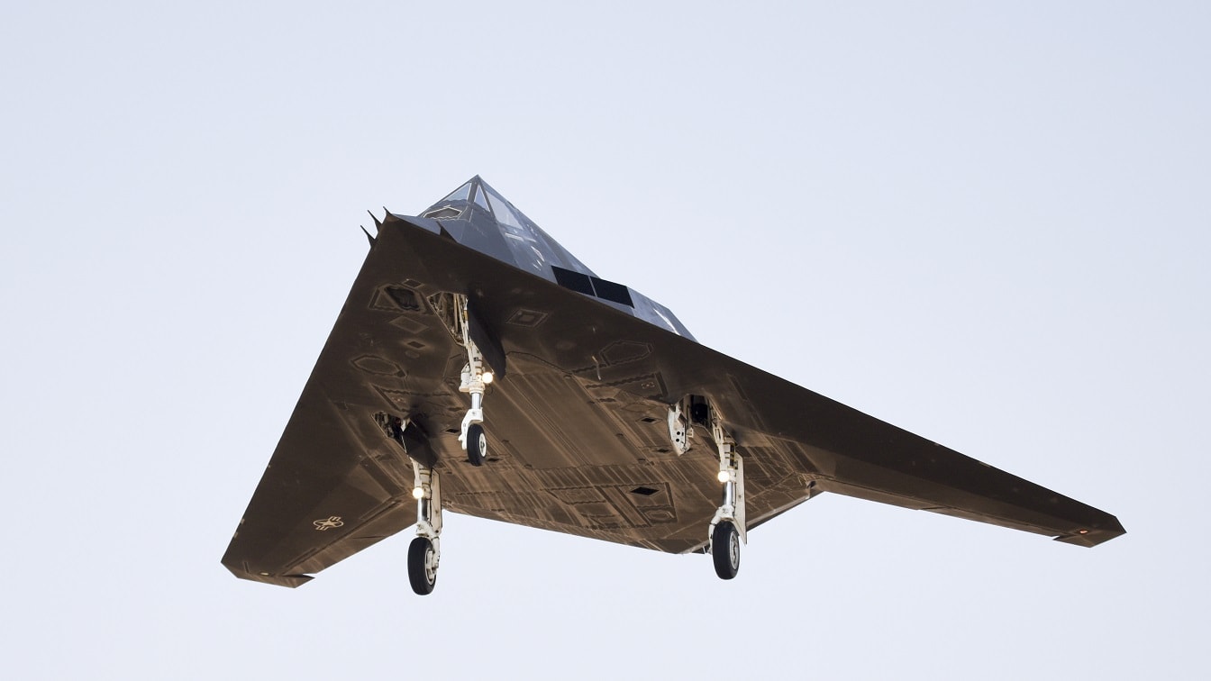 An F-117 Nighthawk lands at the Fresno Yosemite International Airport, Sept. 15, 2021, after conducting a training mission with the local Air National Guard unit. Two F-117 Nighthawks are participating in dissimilar air combat training missions this week along with F-15 pilots from the 144th Fighter Wing in Fresno, Calif. (U.S. Air National Guard photo by Capt. Jason Sanchez)