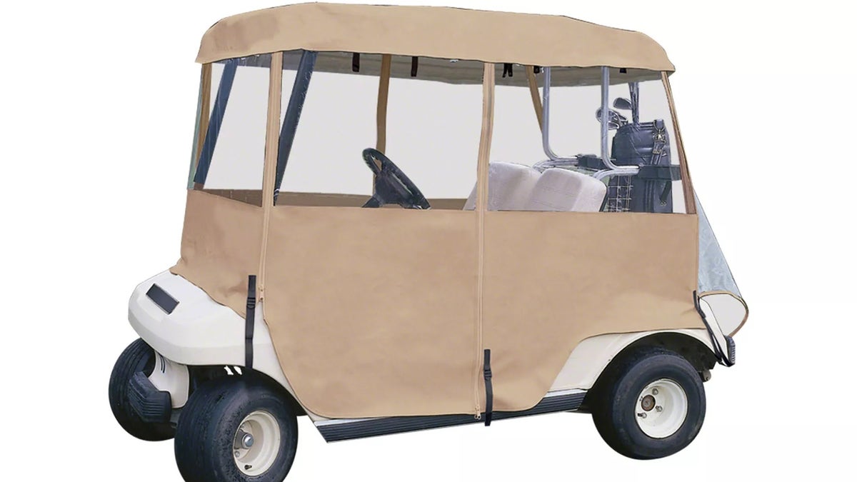 A cart cover creates a sheltered insulated space to protect riders from wind, rain and snow.