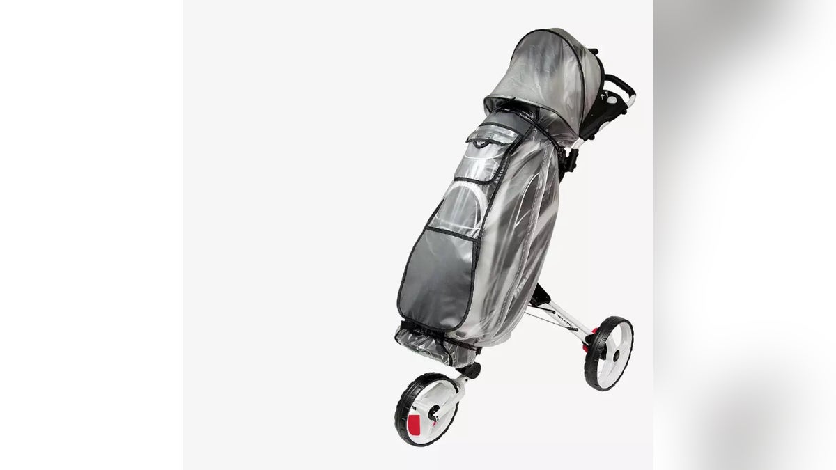 A waterproof golf bag cover protects bags and clubs from the elements.