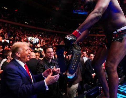 Trump gets hero’s welcome at UFC as winning fighter salutes him with signature dance, belt