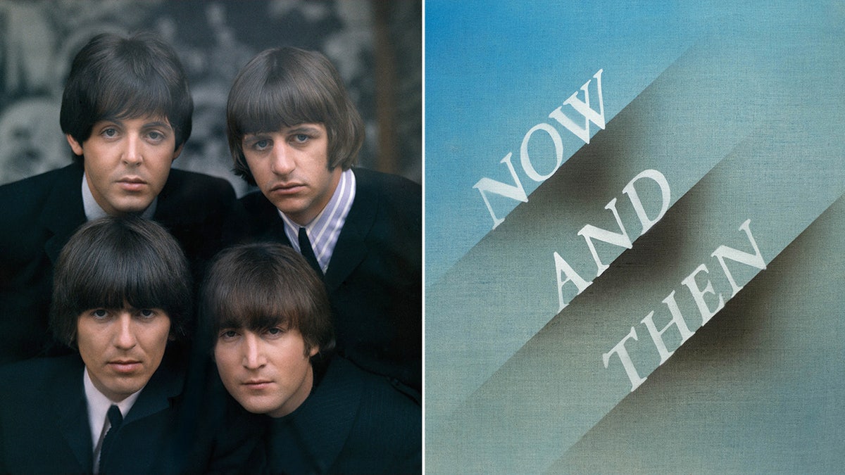 Group photo of The Beatles split with cover art for the song 