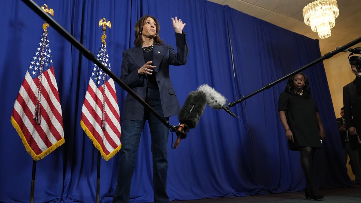 Harris waves at Detroit gaggle