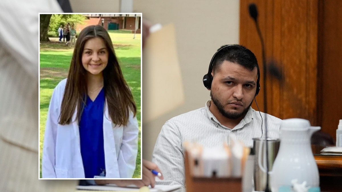 Defense attorneys Kaitlyn Beck shuffles papers in a folder as Jose Ibarra, center, accused of killing a nursing student, Laken Hope Riley, appears in court for a motion hearing on Friday, Oct. 11, 2024, in Athens, Ga.