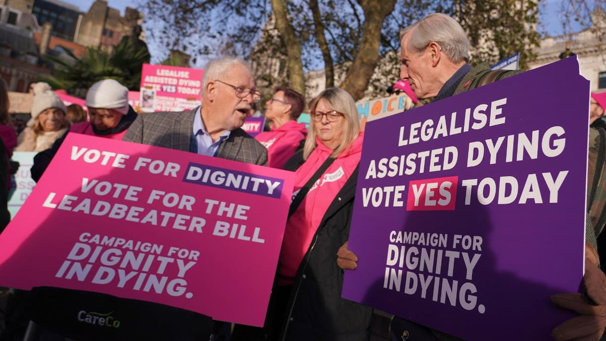 Pro legal assisted dying supporters demonstrate in front of U.K. parliament