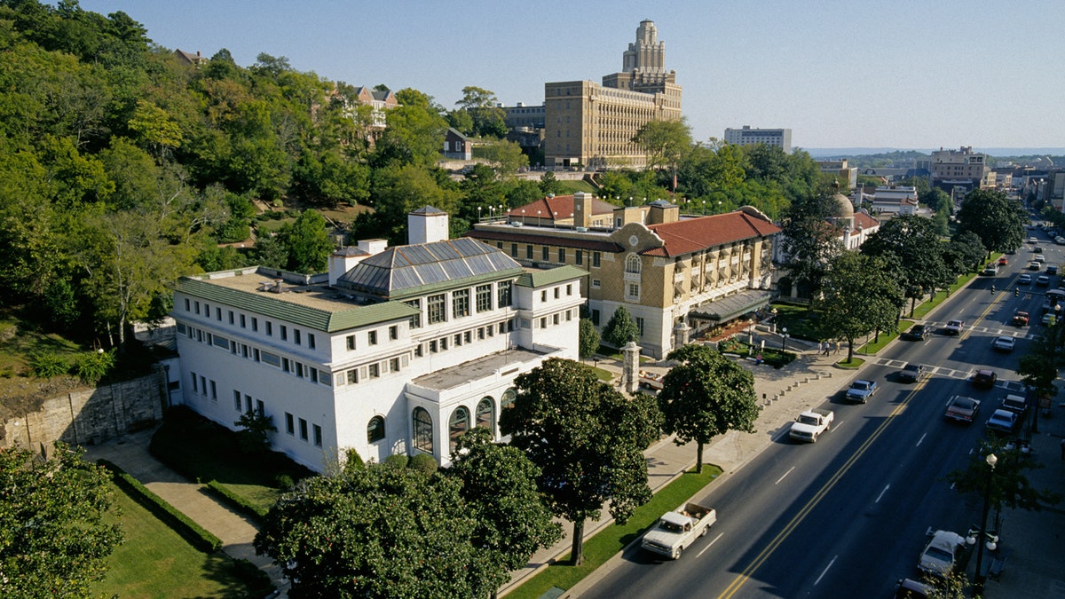 A overhead view of Bathhouse Row in Arkansas