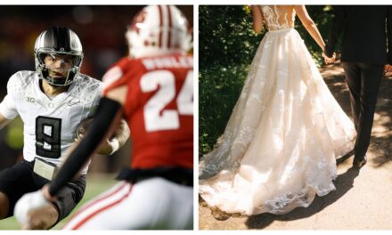 Bride Goes Viral Projecting The Oregon-Wisconsin Game On Her Dress After Her Wedding