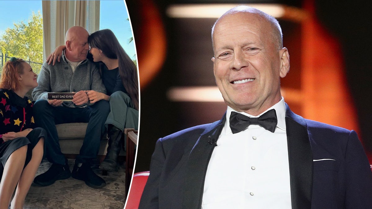 A split image of Bruce Willis with his daughters and at an event