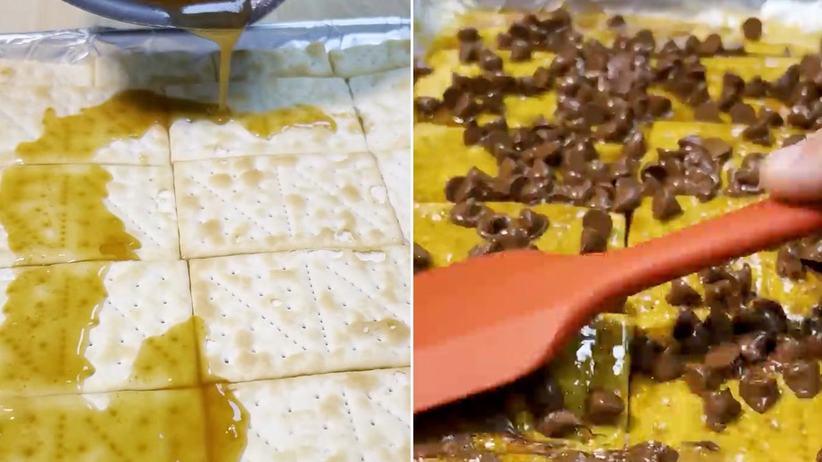 Split image of the candy bark preparation process.