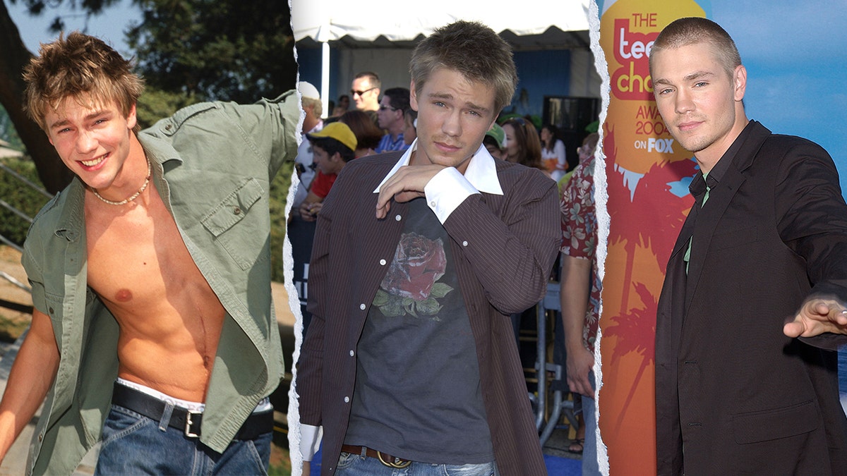 Chad Michael wearing an open green shirt and jeans shows off his abs split Chad Michael Murray rests his hand underneath his chin wearing a brown jacket split Chad Michael Murray with a shaved head attends The Teen Choice Awards