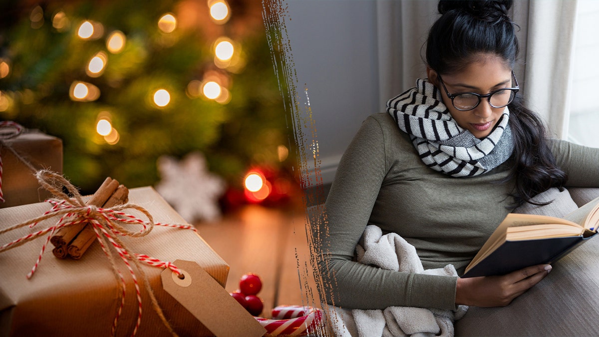 A split photo of a Christmas gift under a tree and a woman reading a book