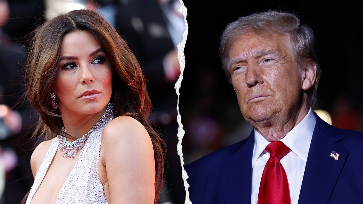 Eva Longoria in a sparkling silver dress looks over her left shoulder split Donald Trump; in a blue suit and red tie looks serious to his right