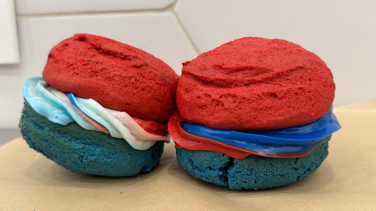 These election cookies by Cookie Crumz were made into a cookie sandwich to represent Republicans and Democrats. They have a red, white and blue buttercream filling.