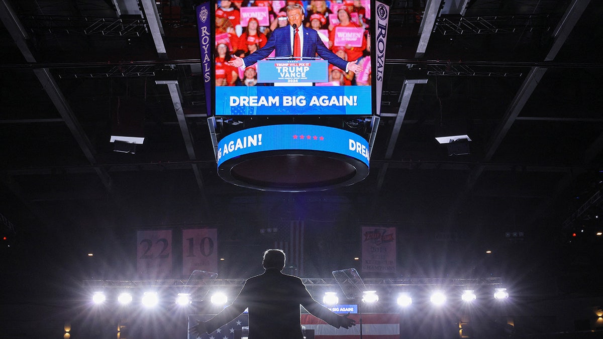 Donald Trump speaks at a campaign rally at Santander Arena