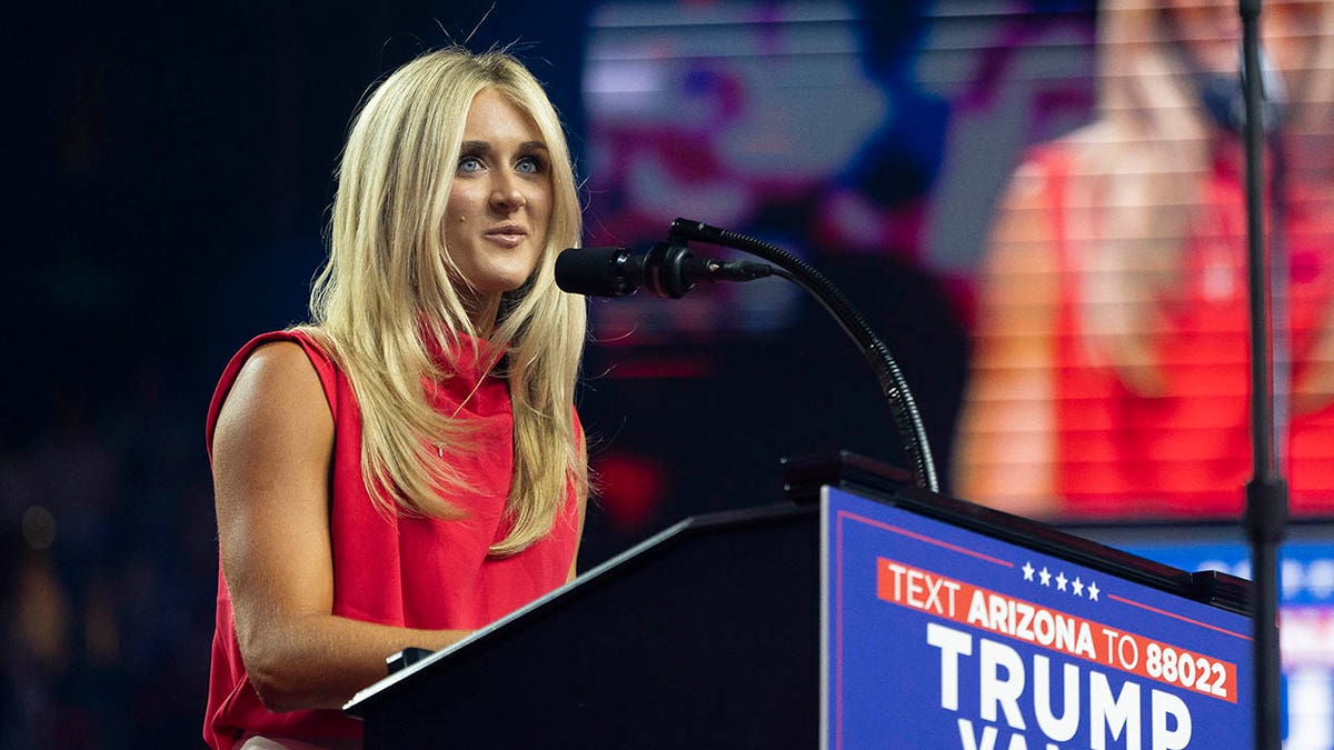 Former competitve swimmer Riley Gaines speaks during a campaign rally for Republican presidential nominee, former U.S. President Donald Trump at Desert Diamond Arena on August 23, 2024, in Glendale, Arizona. The rally, held in partnership with Turning Point PAC and Turning Point Action, came two weeks after Democratic presidential nominee U.S. Vice President Harris held a rally at the same location. 