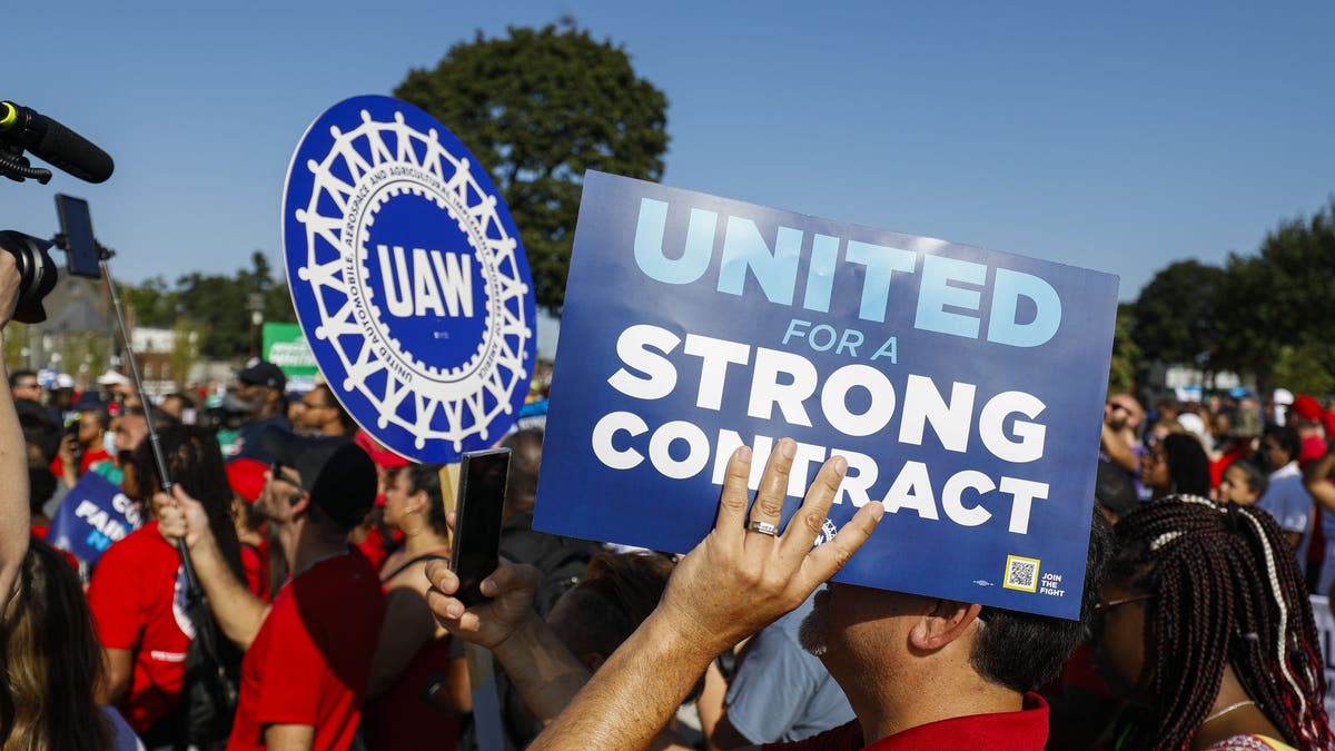 United Auto Workers members and others gather for a rally after marching in the Detroit Labor Day Parade on Sept. 4, 2023 in Detroit.