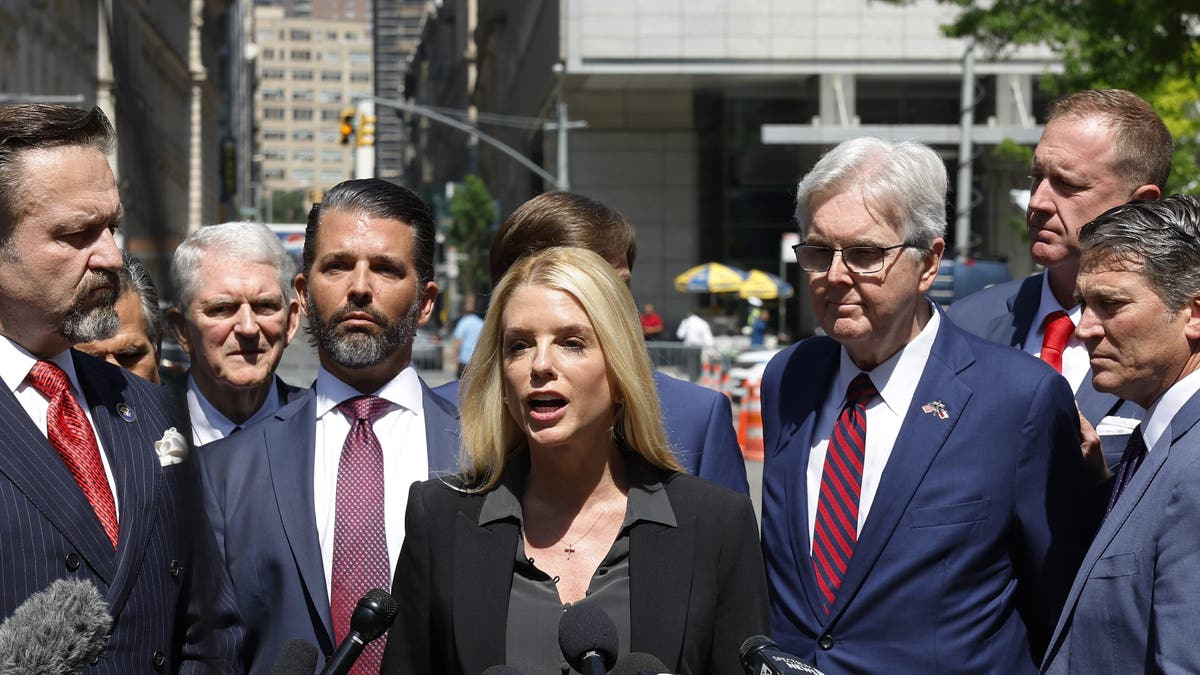 Pam Bondi speaks during a press conference while on a break from former President Donald Trump's hush money trial outside Manhattan Criminal Court in New York City. (Photo by Michael M. Santiago/Getty Images)