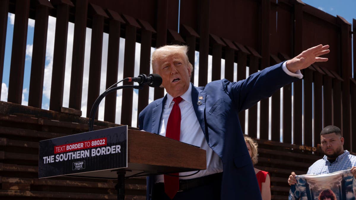 Former President Trump speaks at the U.S.-Mexico border on Aug. 22, 2024, south of Sierra Vista, Arizona. (Rebecca Noble/Getty Images)