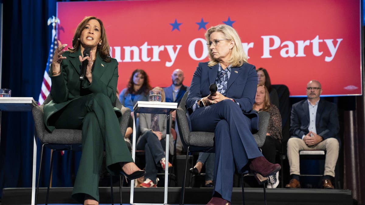 Democratic presidential nominee Vice President Kamala Harris, left, sits with former Rep. Liz Cheney (R-WY) for a town hall at the Royal Oak Music Theatre on Oct. 21, 2024 in Royal Oak, Michigan. Cheney joined Vice President Harris for stops Monday in Pennsylvania, Michigan and Wisconsin.