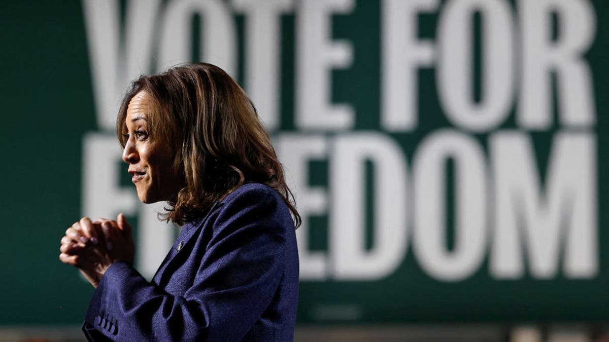 US Vice President and Democratic presidential nominee Kamala Harris speaks during a campaign rally at Michigan State University's Jenison Field House in East Lansing, Michigan, on November 3, 2024.