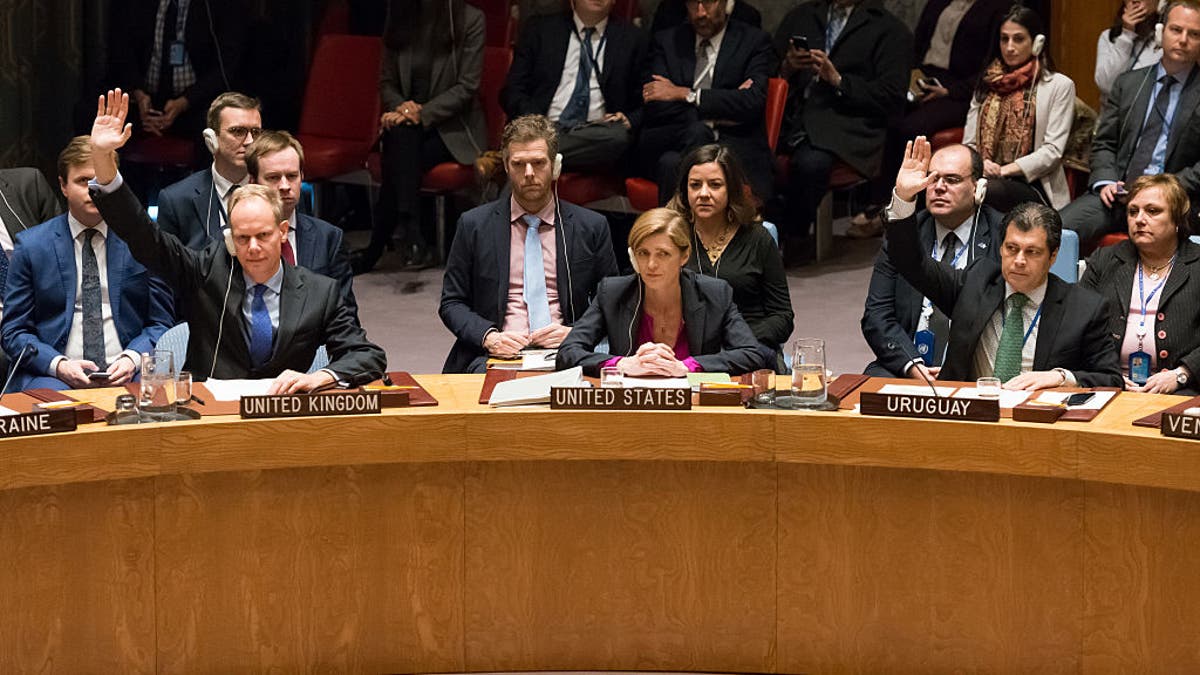 U.N. Ambassador Samantha Power abstains as the other 14 members of the Security Council raise their hands in affirmation of Resolution 2334, which demands an end to Israeli settlements, at U.N. headquarters in New York City on Dec. 23, 2016.