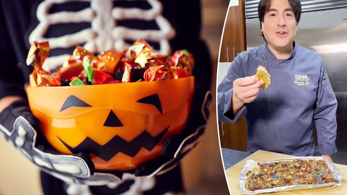 Split image of a halloween candy bucket and a chef over some candy bark.