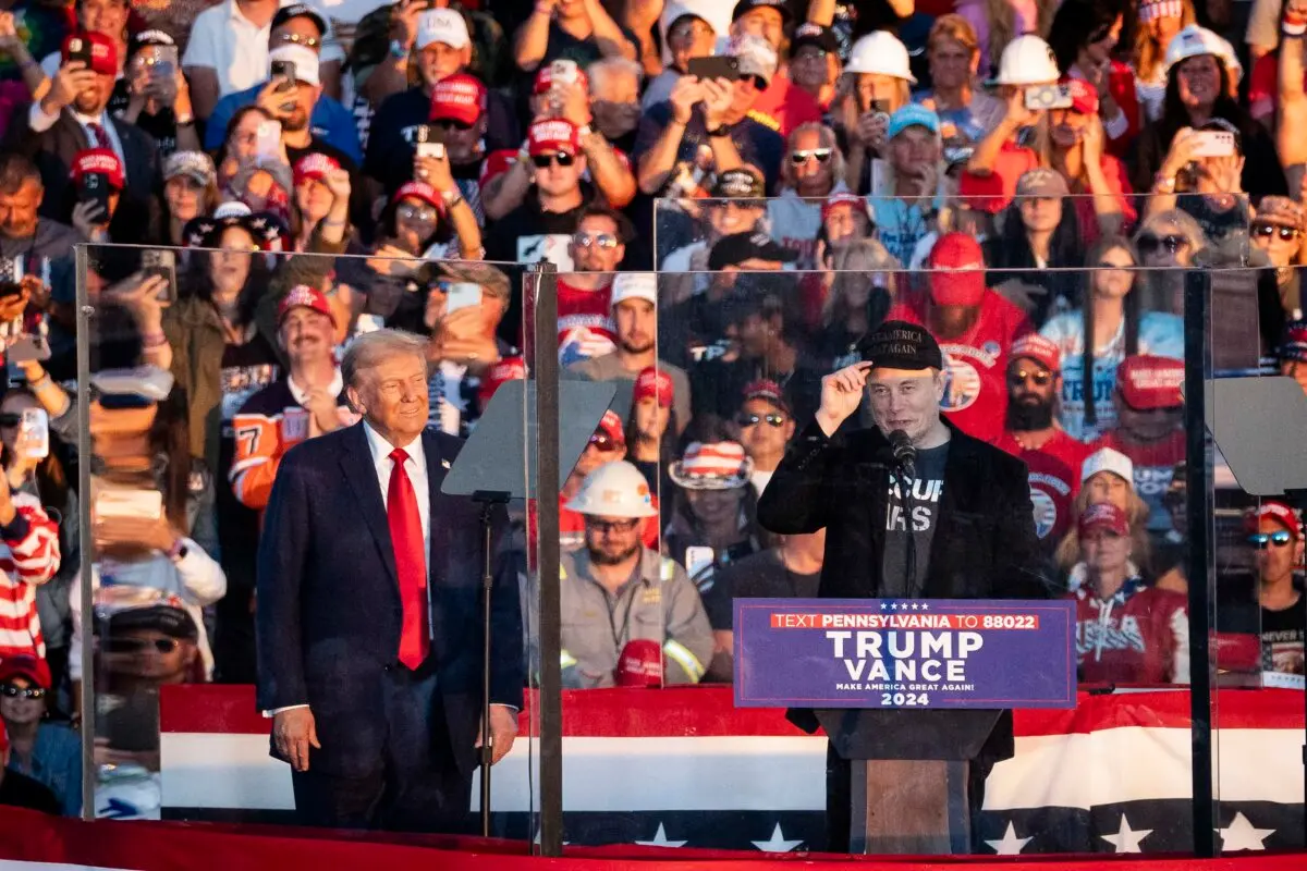 Elon Musk, founder, CEO, and chief engineer of SpaceX, speaks during Republican presidential nominee former President Donald Trump’s rally at Butler Farm Show in Butler, Pa., on Oct. 5, 2024. (Samira Bouaou/The Epoch Times)