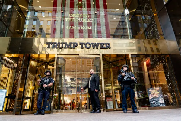 Security in front of Trump Tower in New York City on Sept. 26, 2024. (Samira Bouaou/The Epoch Times)