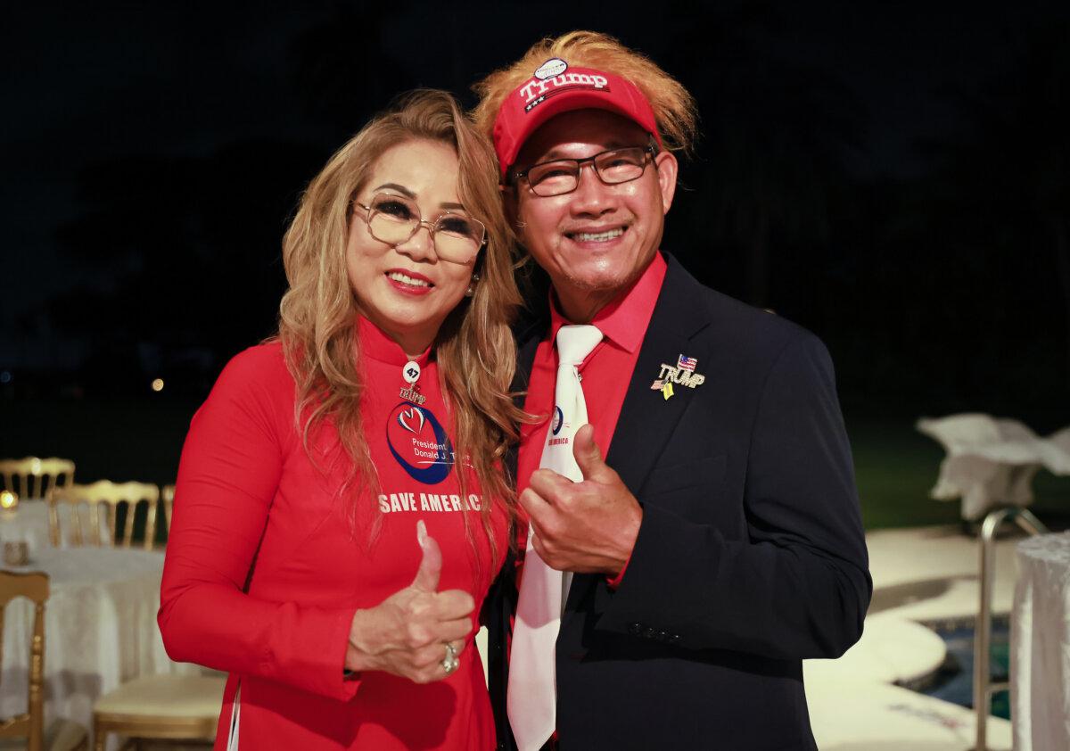 Betty and Hung Nguyen attend a Vietnamese Americans for America First celebration in honor of President-elect Donald Trump at the Mar-a-Lago Club in Palm Beach, Fla., on Nov. 6, 2024. (John Fredricks/The Epoch Times)