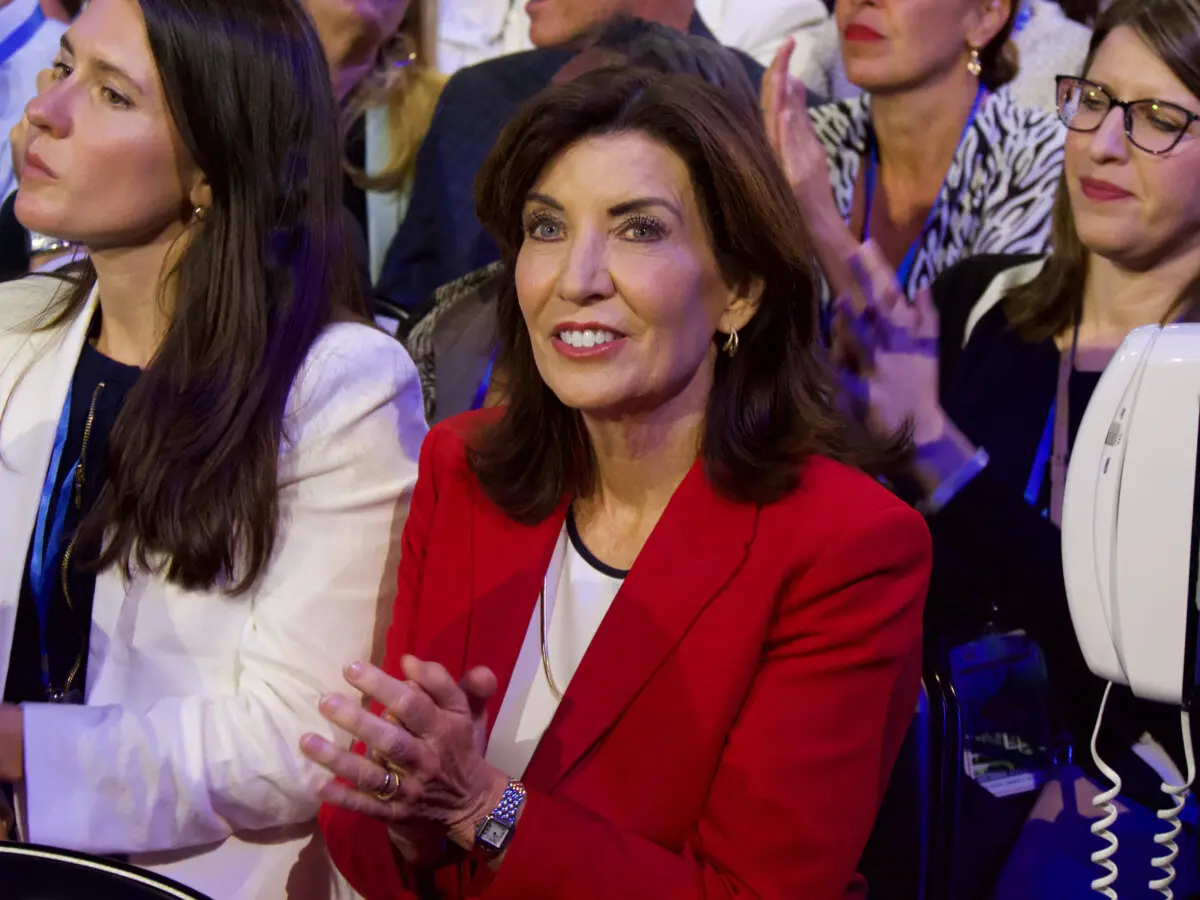 New York Gov. Kathy Hochul on the floor of the Democratic National Convention in Chicago, Illinois, on Aug. 21, 2024. (Travis Gillmore/The Epoch Times)