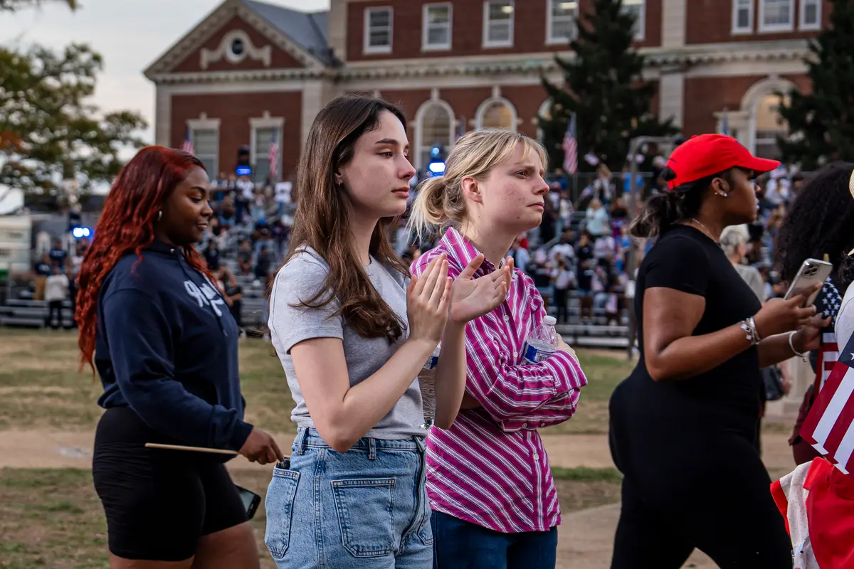 Supporters of Democratic presidential nominee Vice President Kamala Harris listen to her concession speech at Howard University in Washington on Nov. 6, 2024. (Madalina Vasiliu/The Epoch Times)